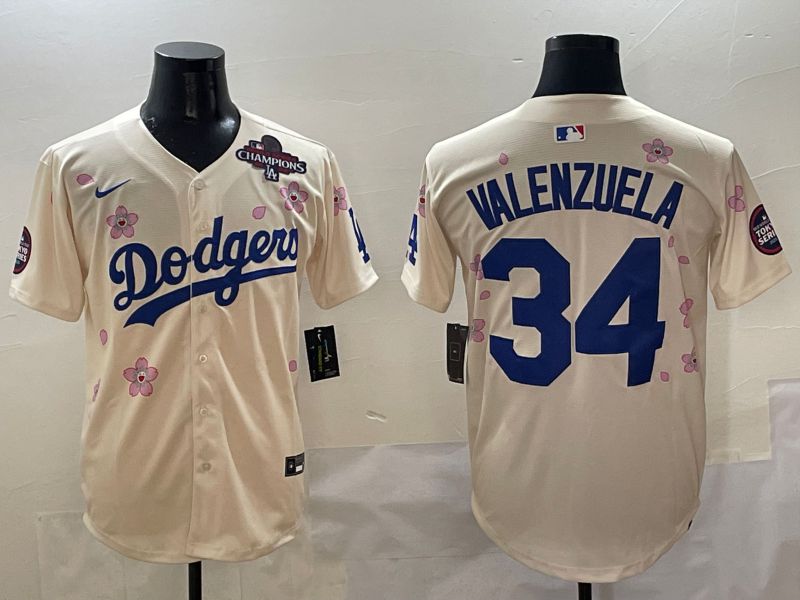 Men Los Angeles Dodgers #34 Valenzuela Cream White Blue Sakura Edition 2025 Nike MLB Jersey style 5->los angeles dodgers->MLB Jersey